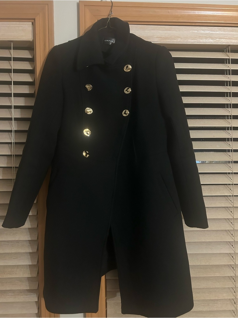 Women's Black Double-Breasted Pea Coat with Gold Buttons - Missing 2 Buttons